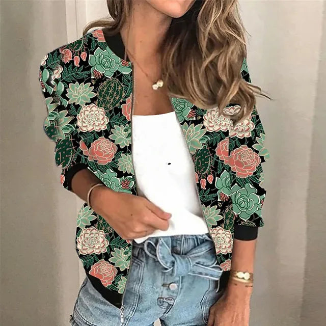 Women's floral bomber jacket with cactus garden print