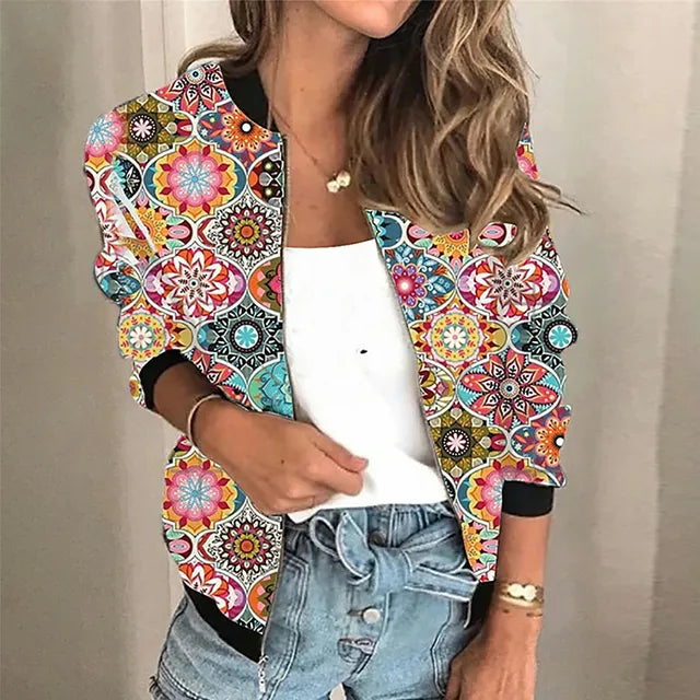 Women's floral bomber jacket with cactus garden print