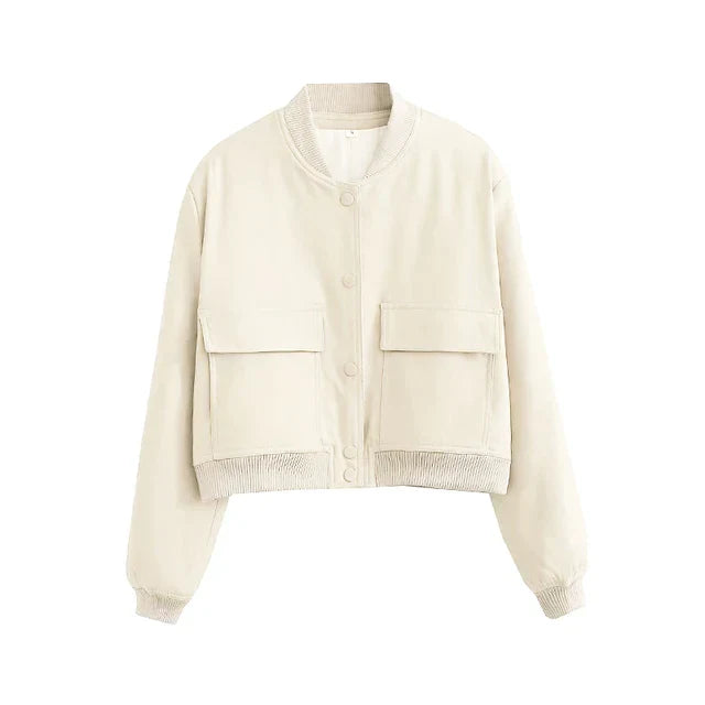 Women's Bomber Jacket - Lightweight Button-Up - Long Sleeve Casual Streetwear - Ribbed Cuffs & Hem - Pocket Detail