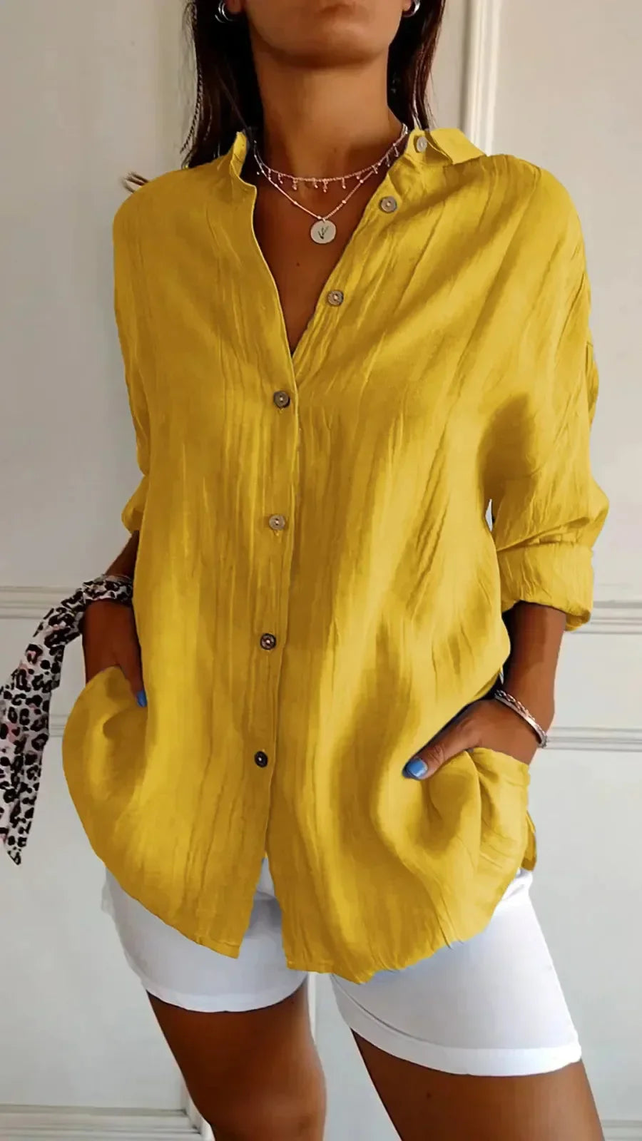 Women’s Button-Up Shirt – Relaxed Fit – Crinkled Texture – Long Sleeve Casual Style