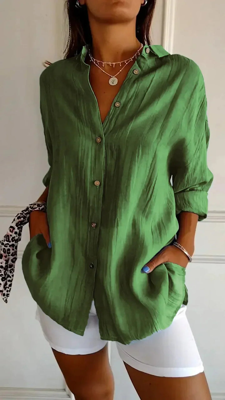 Women’s Button-Up Shirt – Relaxed Fit – Crinkled Texture – Long Sleeve Casual Style